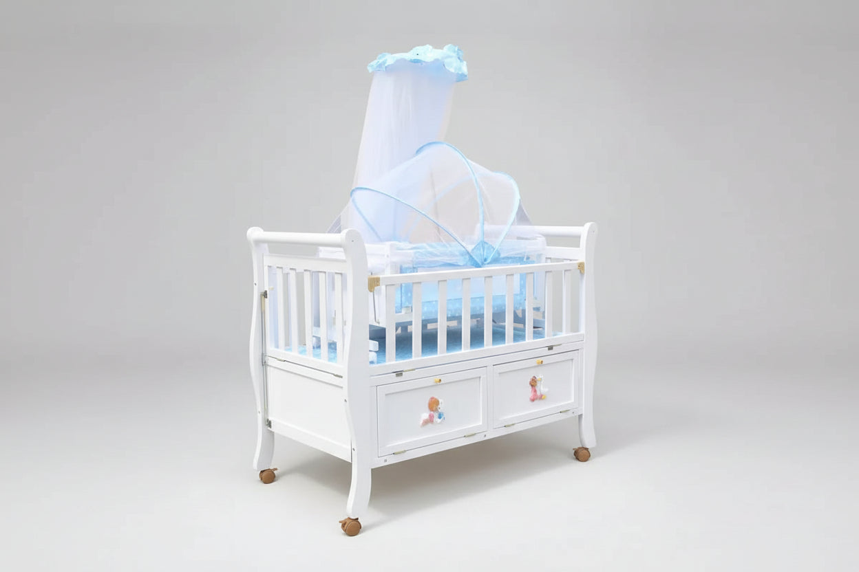 Baby Wooden Cot with a hanging Bassinet Crib with Mosquito Net