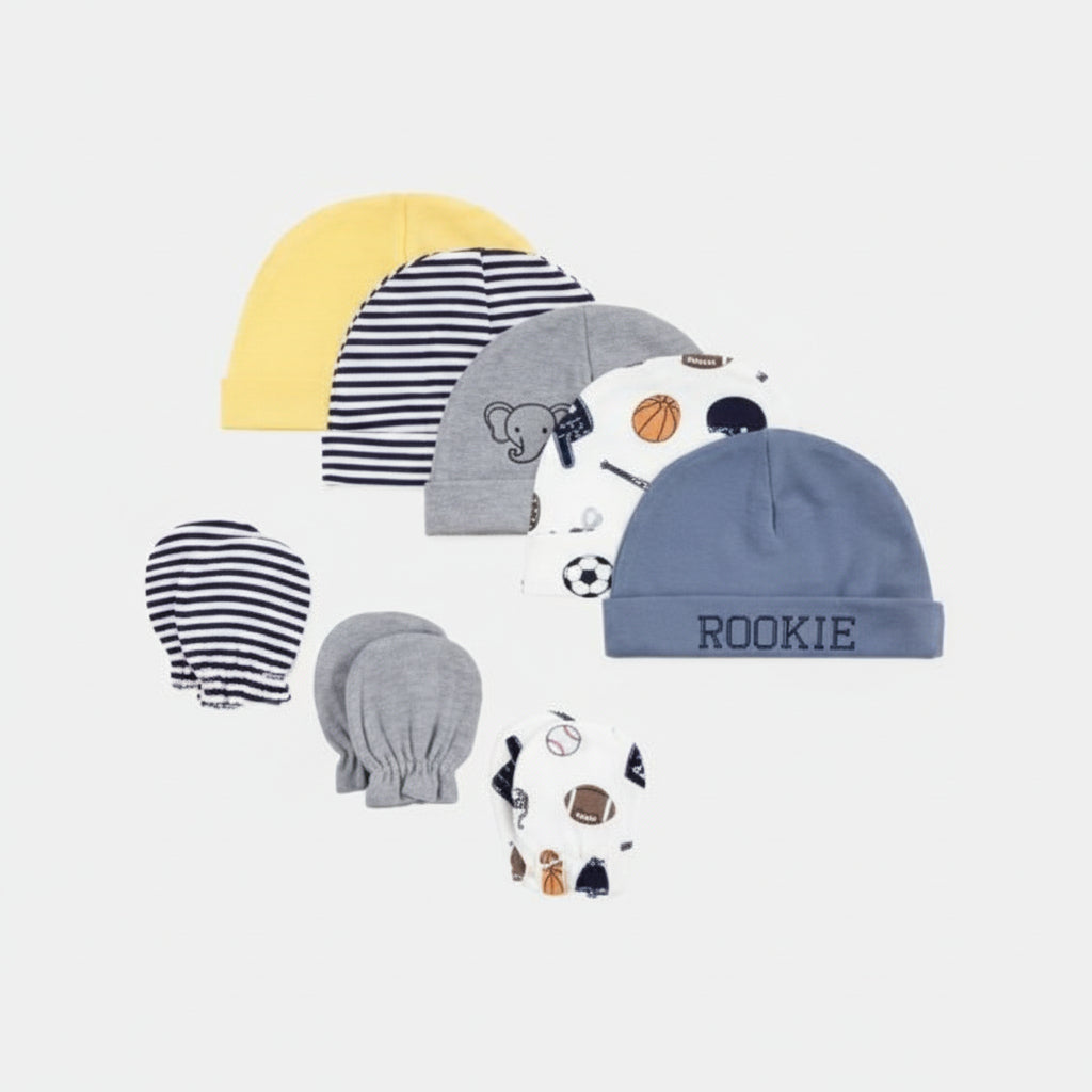 Hudson baby 8 pieces cap and scratch mittens set 0-6 months