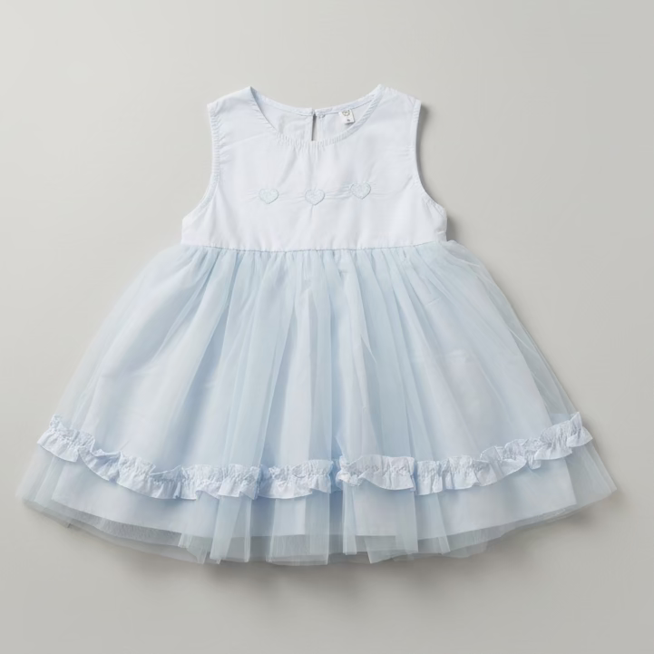 Suofeiya baby girl sleeveless pale blue tulle dress, heart embroidery and ruffle hem - Beks Ghana at Beks Ghana