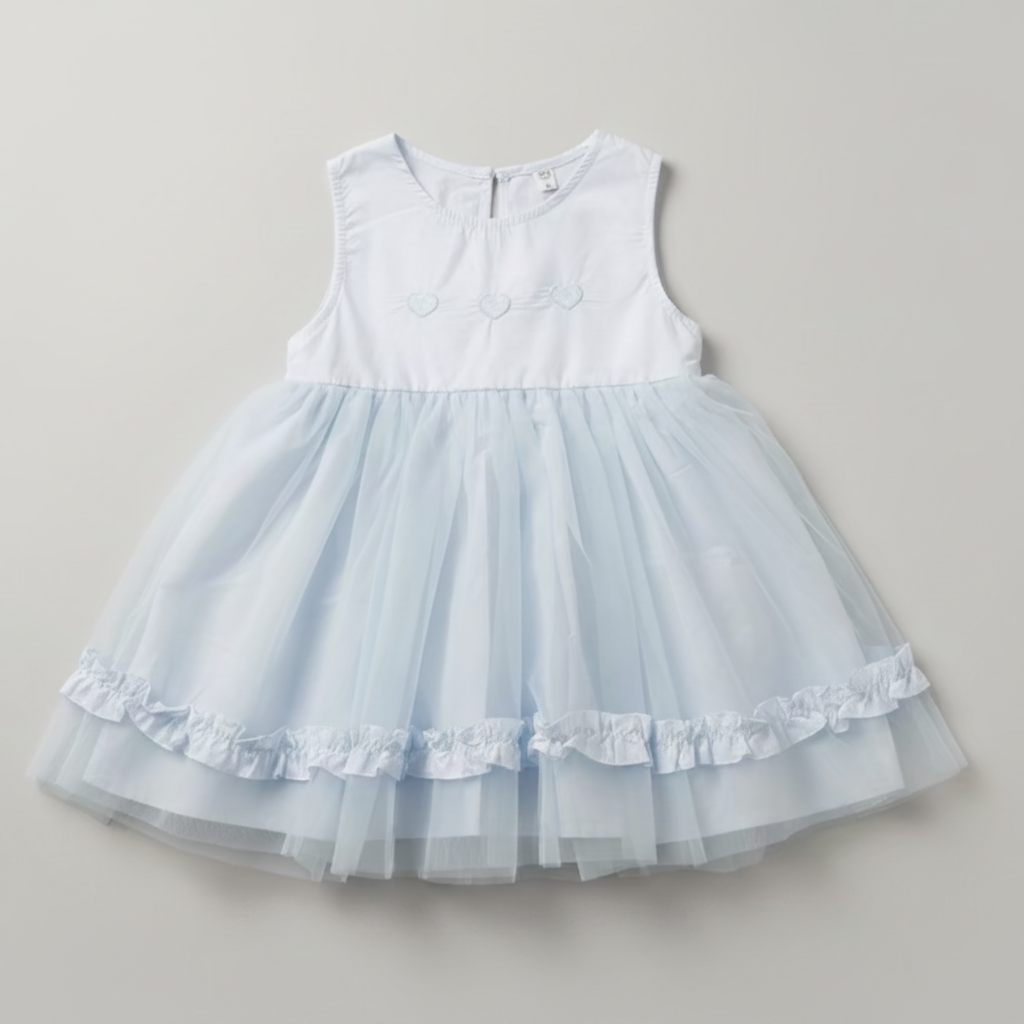 Suofeiya baby girl sleeveless pale blue tulle dress, heart embroidery and ruffle hem - Beks Ghana at Beks Ghana