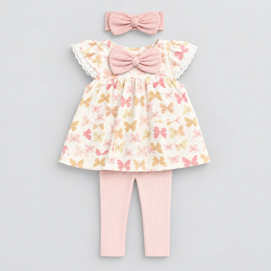 Cute Koala Baby 3-Piece(Ruffle Sleeve Dress+Ribbed Leggings +Bow Headband)