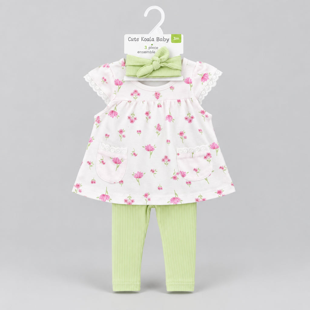 Cute Koala Baby 3-Piece(Ruffle Sleeve Dress+Ribbed Leggings +Bow Headband)