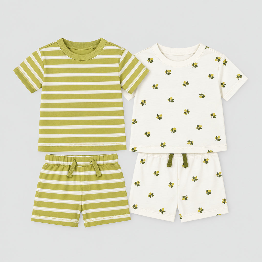 Two baby clothing sets laid flat on a gray textured surface: one short-sleeve striped shirt and shorts in olive green and white, and one short-sleeve top and shorts in off-white with small yellow and green floral prints. A hanger and tags are visible, and text in the upper left reads 'Z-3105-7# 3m-18m 10pcs in pack'.