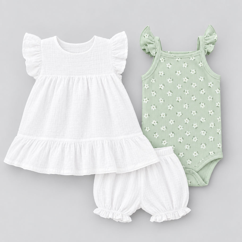 Fairy Realm 3 -Piece Set(Summer Flutter Ruffle Sleeve Skirted Bodysuit)