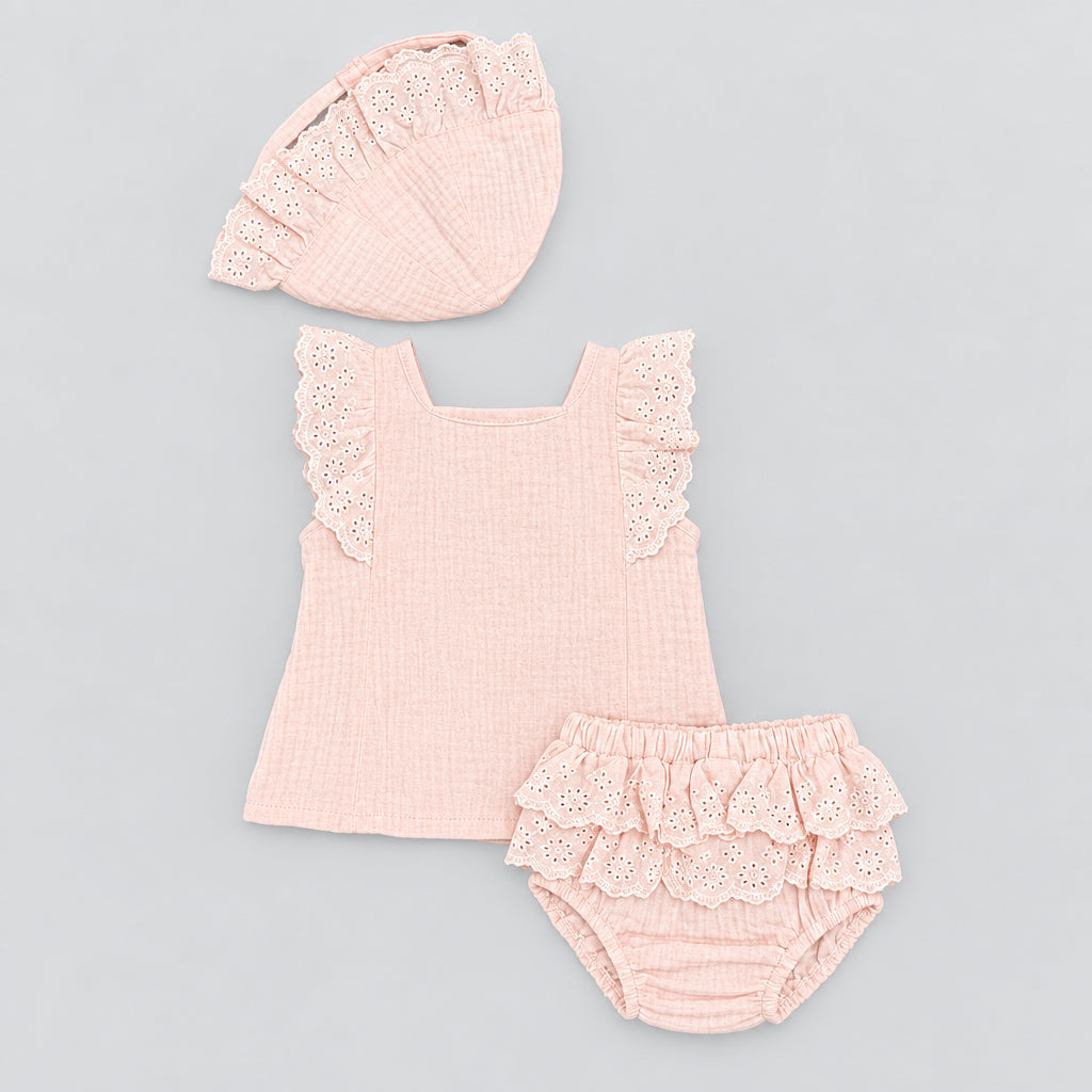 Cute Koala Baby 3 -Piece Set(Summer Eyelet Ruffle Sleeveless Tank Top & Matching Floppy Sun Hat)