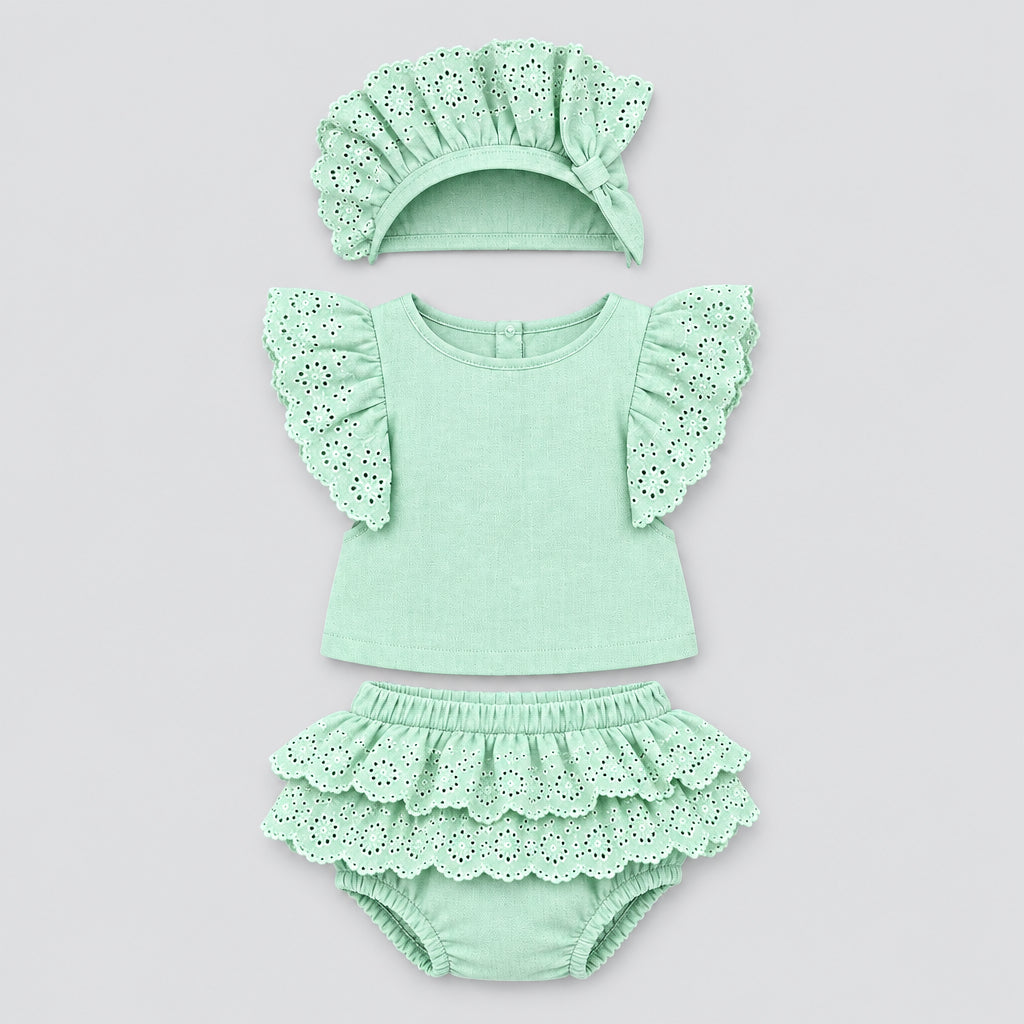 Cute Koala Baby 3 -Piece Set(Summer Eyelet Ruffle Sleeveless Tank Top & Matching Floppy Sun Hat)