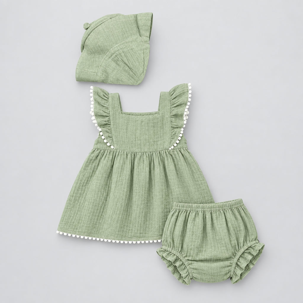 Cute Koala Baby 3 -Piece Set(Summer Eyelet Ruffle Sleeveless Tank Top & Matching Floppy Sun Hat)