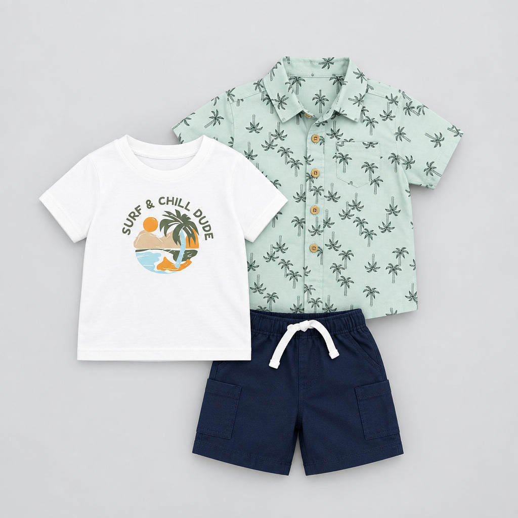 A 3-piece boys' casual outfit set laid flat on a gray textured background. The set includes a white short-sleeve t-shirt with a colorful 'SURF & CHILL Dude' graphic, a light green short-sleeve button-up shirt with a dark green palm tree print, and navy blue shorts with a white drawstring.