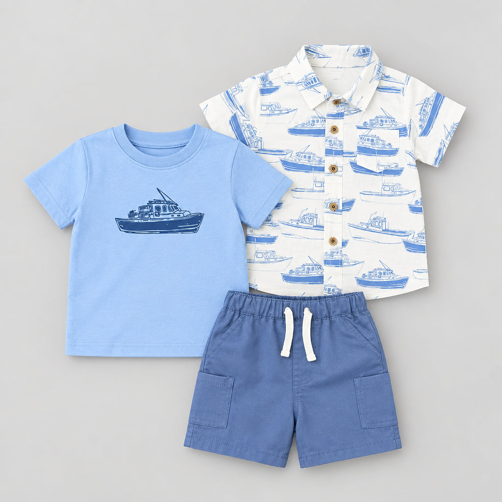 A 3-piece baby boy's summer outfit set laid flat on a gray textured background. The set includes a light blue short-sleeve t-shirt with a dark blue boat graphic, a white short-sleeve button-up shirt with a blue boat pattern, and a pair of dusty blue shorts with a white drawstring.