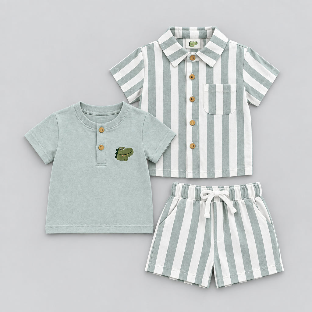A baby boy's two-piece clothing set displayed on a gray textured background. The set includes a light mint green short-sleeve Henley shirt with a small green crocodile graphic on the chest and matching striped shorts, alongside a mint green short-sleeve button-up shirt with white vertical stripes and matching striped shorts.