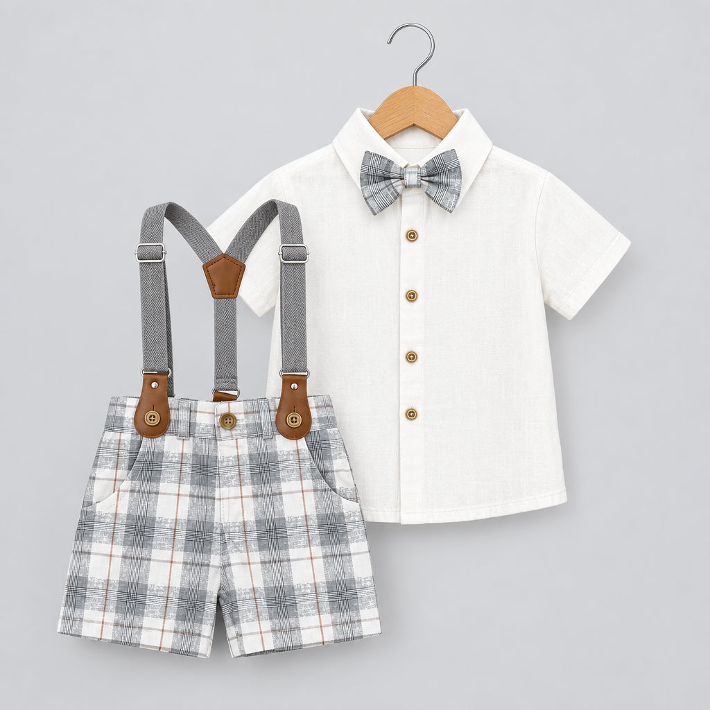 Cute Koala Baby 3 Piece Set(Short sleeve Shirt,Plaid Stripe Suspenders & Shorts)