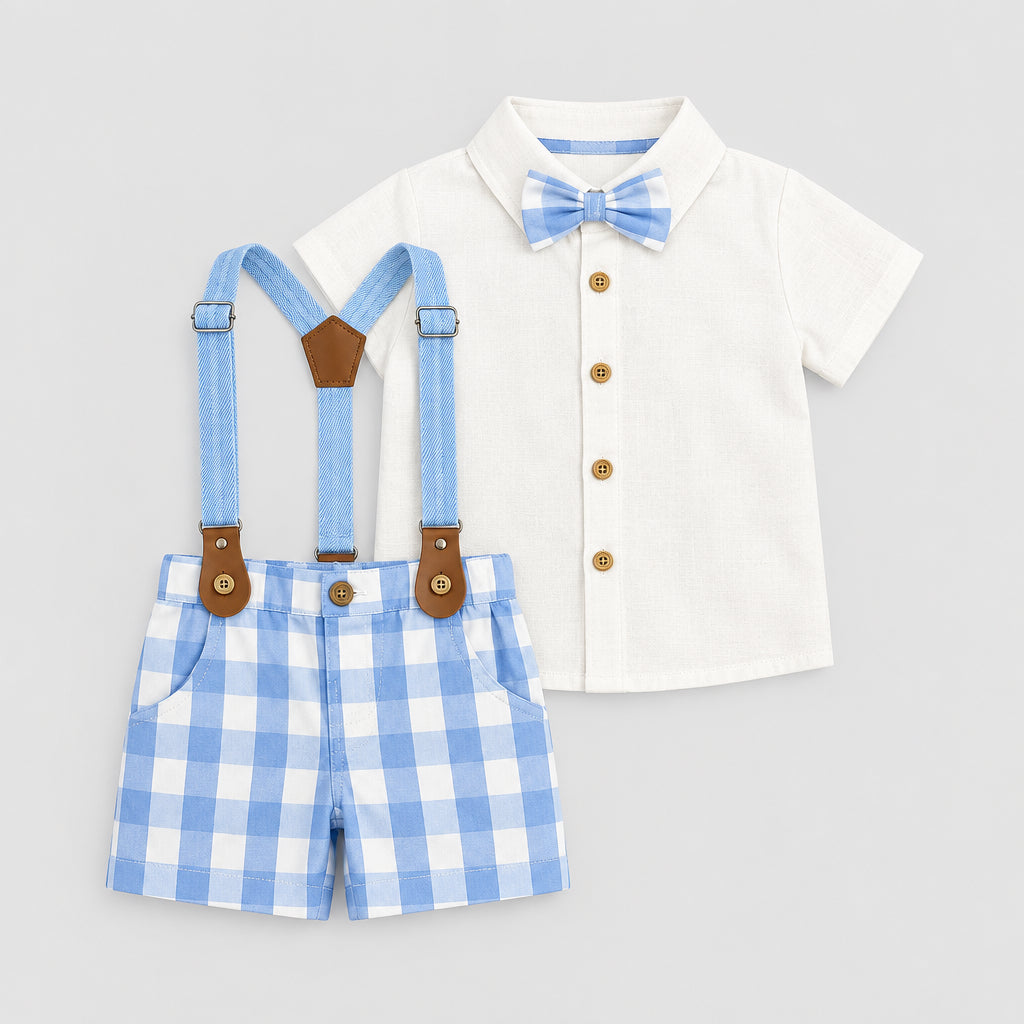 Cute Koala Baby 3 Piece Set(Short sleeve Shirt,Plaid Stripe Suspenders & Shorts)