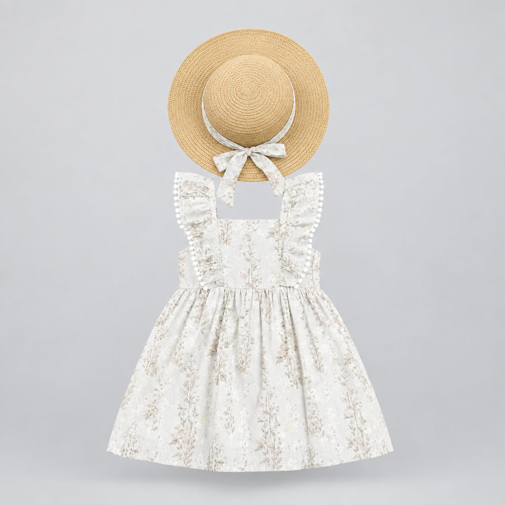 A baby girl's summer outfit set consisting of a sleeveless cream-colored floral dress and a matching straw sun hat with a white ribbon bow, laid flat on a gray textured background with product code text overlay.