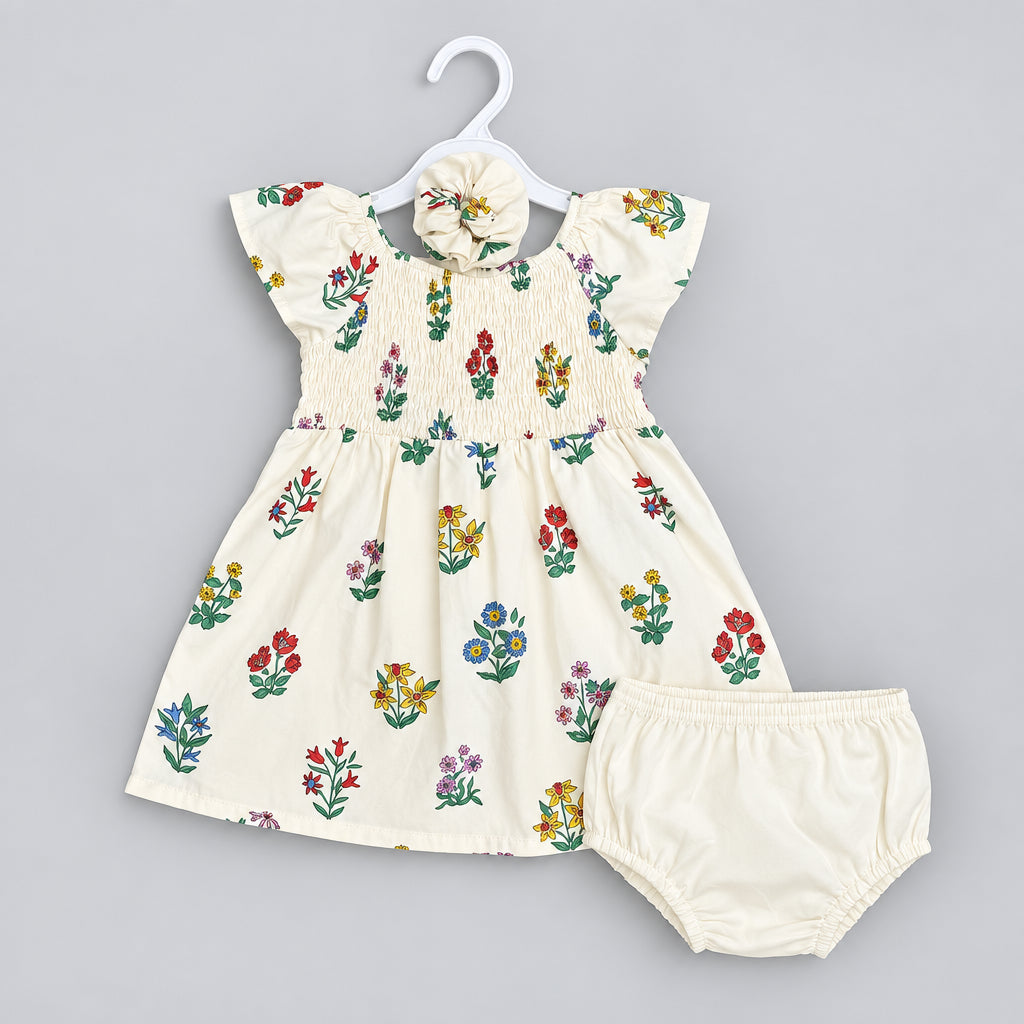 Cute Koala Baby 3-Piece(Summer Floral Shirred Flutter Dress + Hair Tie & Short)