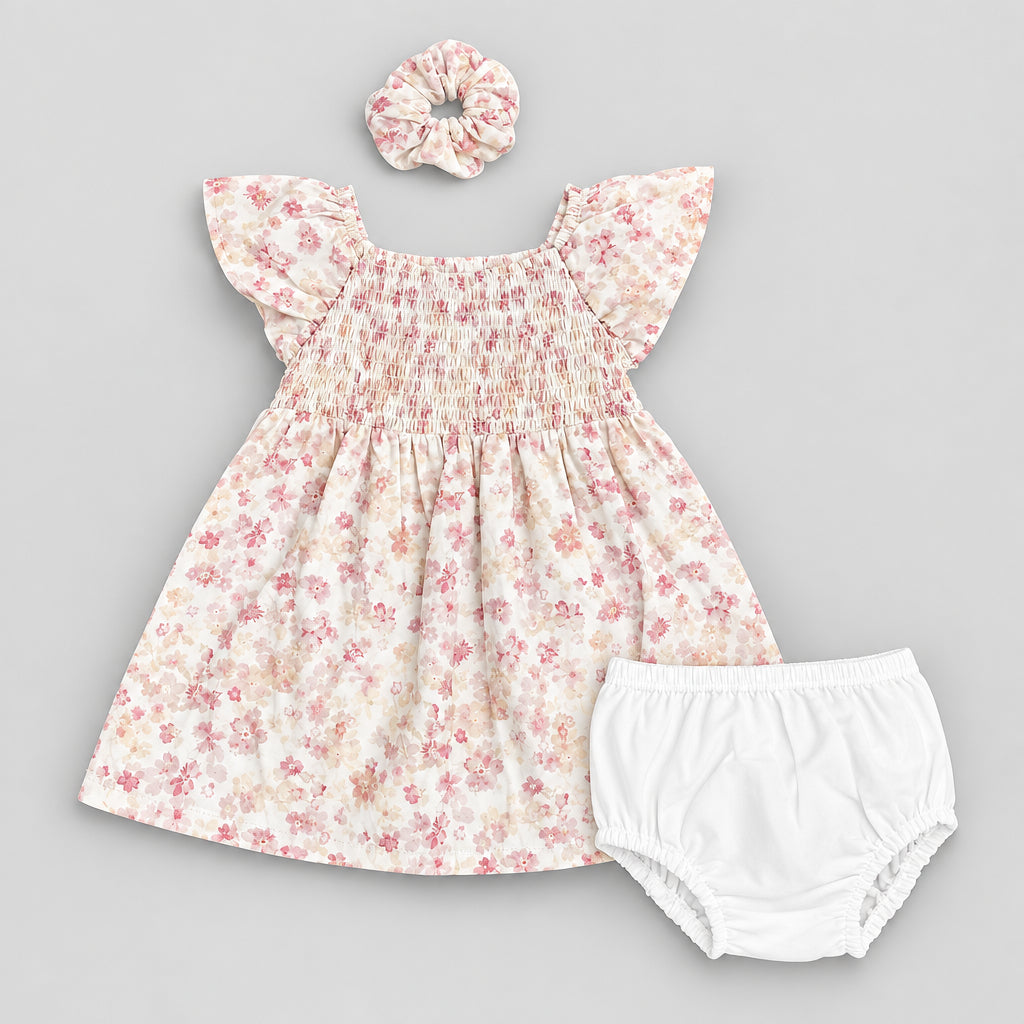 Cute Koala Baby 3-Piece(Summer Floral Shirred Flutter Dress + Hair Tie & Short)