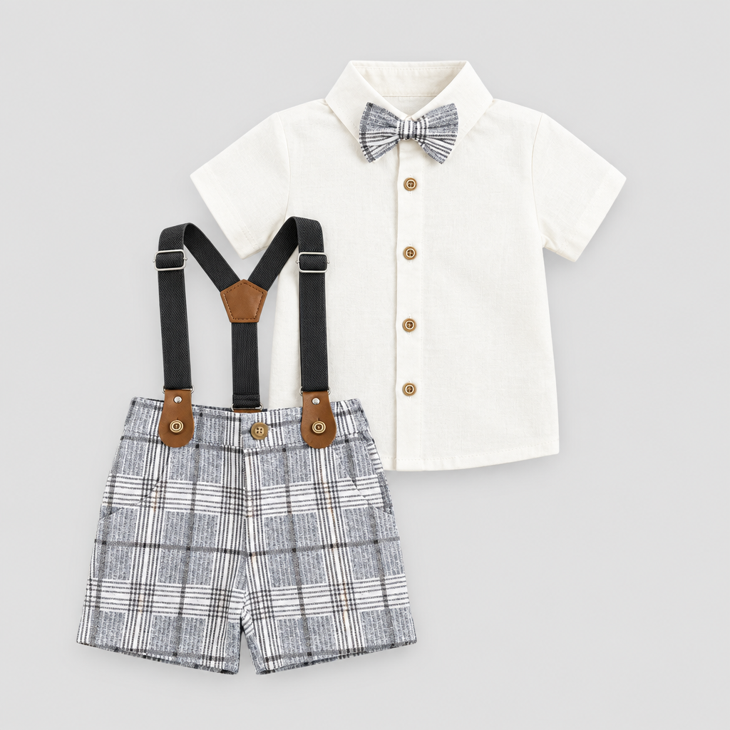 Cute Koala Baby 3 Piece Set(Short sleeve Shirt,Plaid Stripe Suspenders & Shorts)