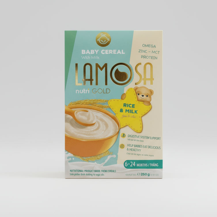 Lamosa NutriGold Rice & Milk 250g packaging - available at Beks Ghana