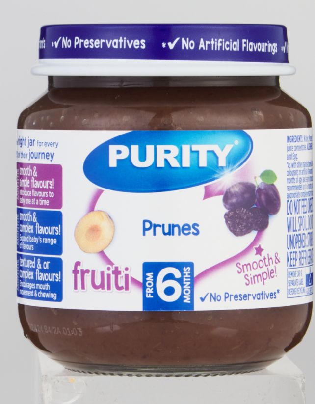 Purity Small Prunes Tray (125g Ã—6Ã—4) packaging - available at Beks Ghana