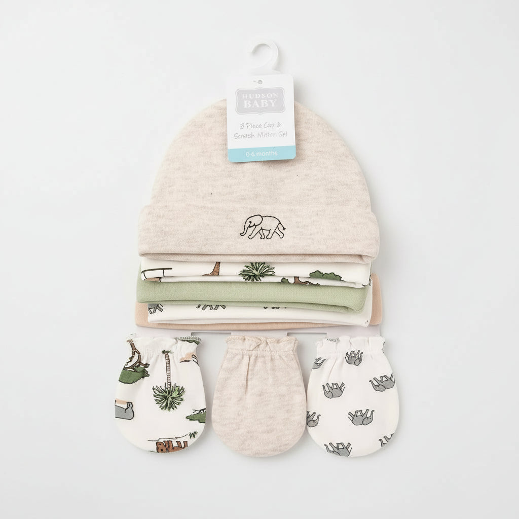 Hudson baby 8 pieces cap and scratch mittens set 0-6 months