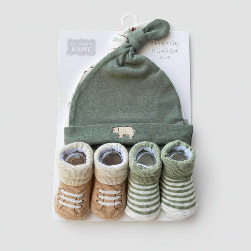 Hudson Baby 4 piece Cap & Sock Set 0-6m