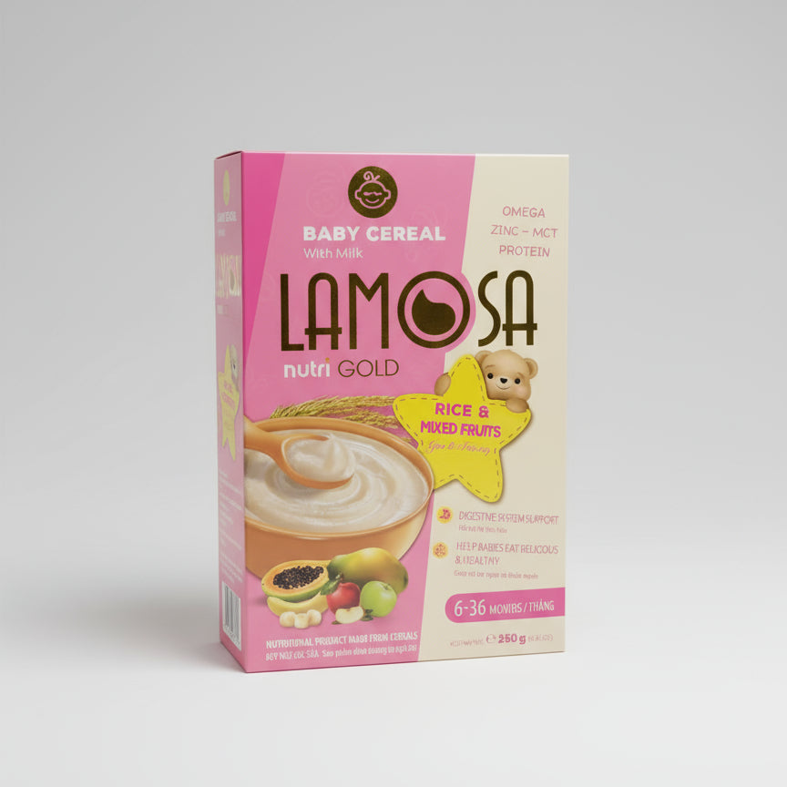 Lamosa NutriGold Rice & Mixed Fruits 250g packaging - available at Beks Ghana