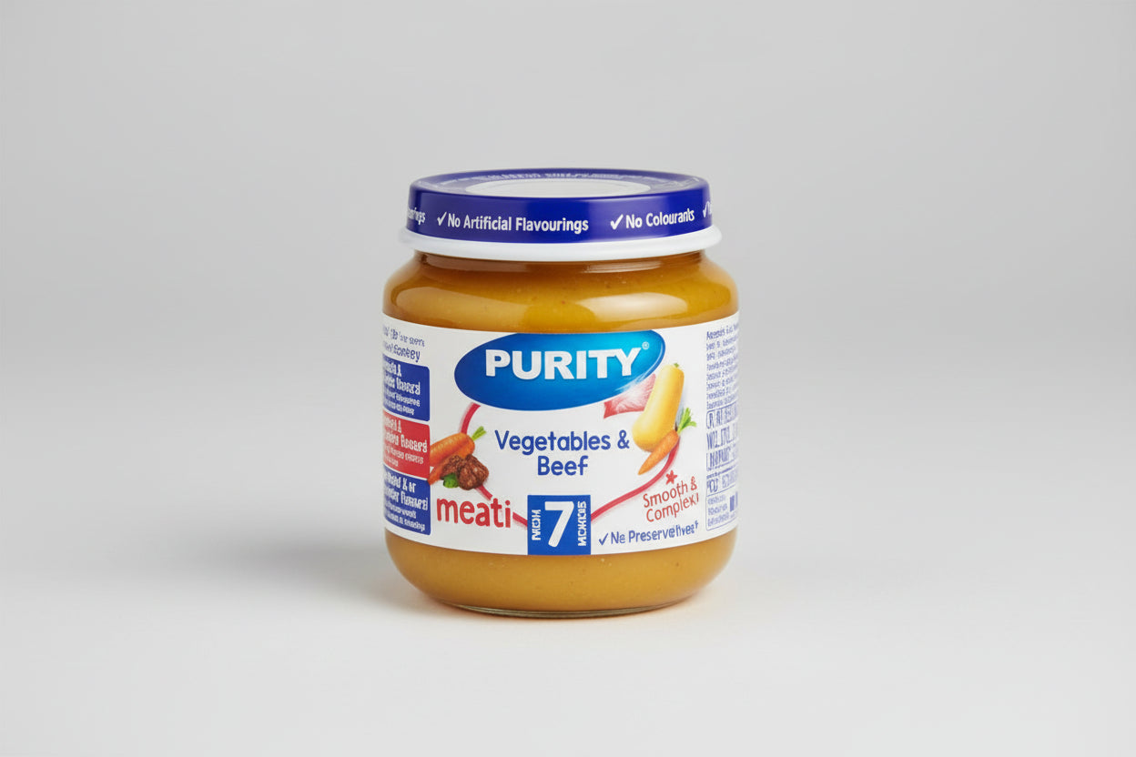 Purity Small Vegetables and Chicken pack (125gx6) packaging - available at Beks Ghana