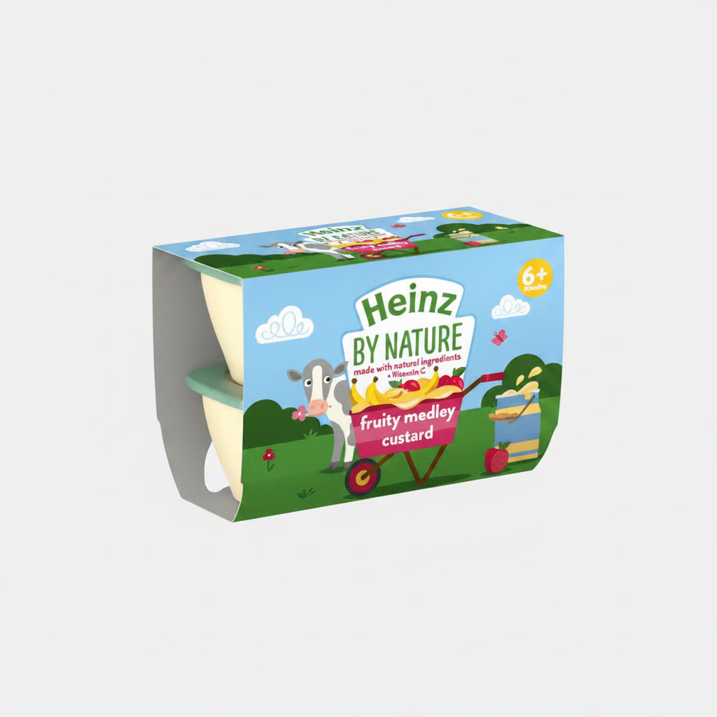 Heinz Fruit Pots Fruity Medley Custard (100g x4) pack packaging - available at Beks Ghana