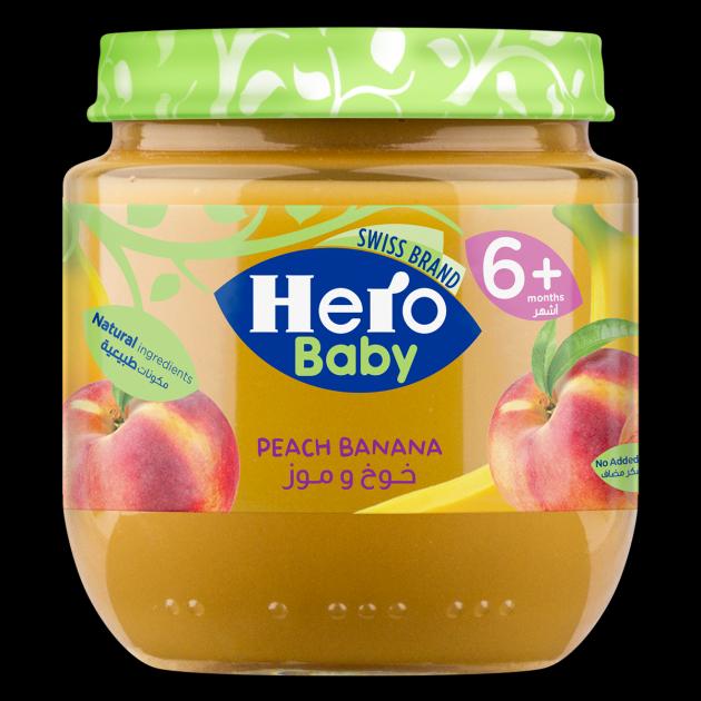 Hero Baby Peach Banana Jar ( 12Ã—125g) Box packaging - available at Beks Ghana