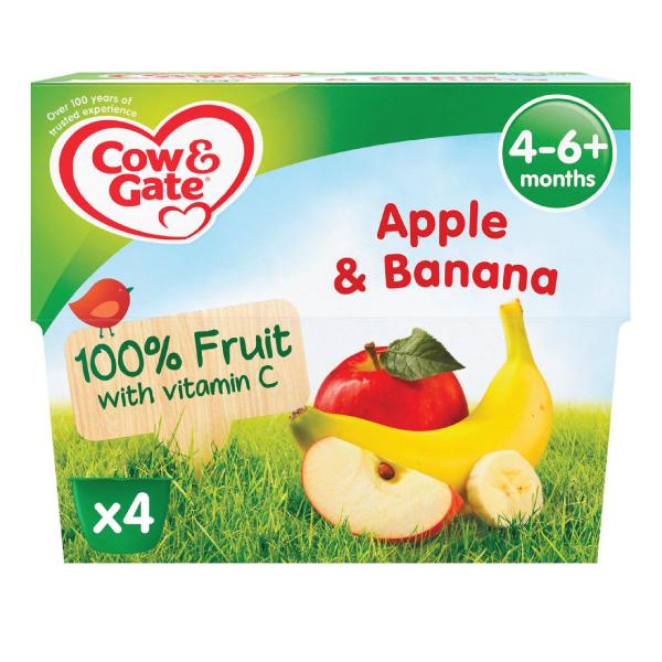 Cow & Gate Fruit Pots Apple & Banana(4 x 100g) Pack packaging - available at Beks Ghana