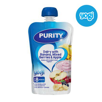 Purity pouch diary with Banana, mixed berries and Apple 110ml Single packaging - available at Beks Ghana