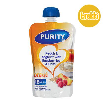 Purity pouch peach,yogurt with raspberry,oats 110ml Single packaging - available at Beks Ghana