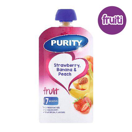 Purity pouch Strawberry,banana and peach 110ml Single packaging - available at Beks Ghana