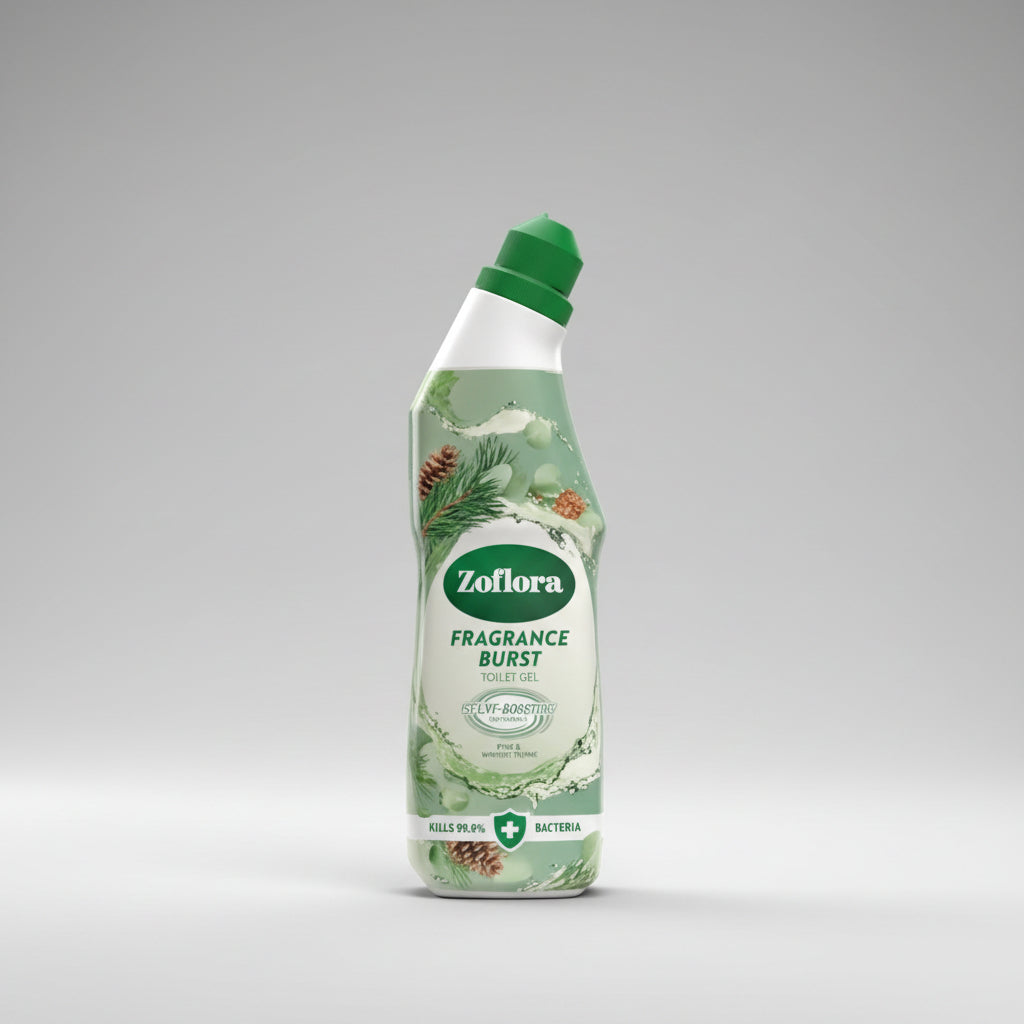 Zoflora Fragrance Burst toilet cleaner in a green and white bottle with pinecone illustrations, featuring a green cap.