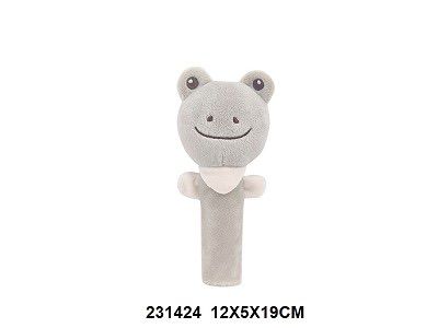 A plush gray frog baby toy with small fabric hands and a white bib detail, shown against a plain white background with a size text overlay at the bottom.