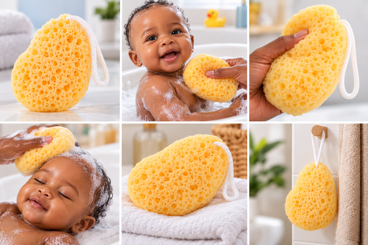 Baby bath sponge shown during bath time and drying after use
