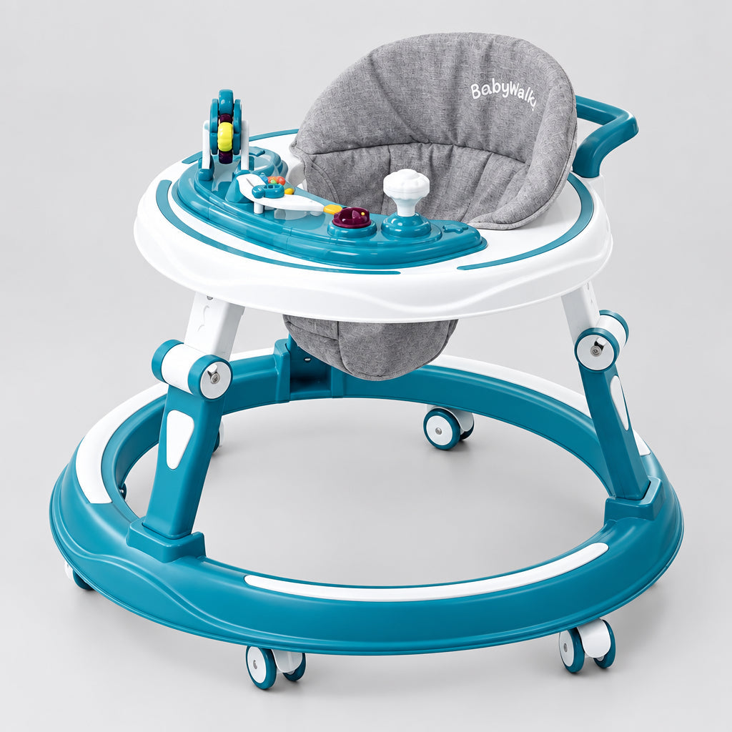 Beks Ghana adjustable baby activity walker in teal and white with a grey padded seat and interactive play tray.