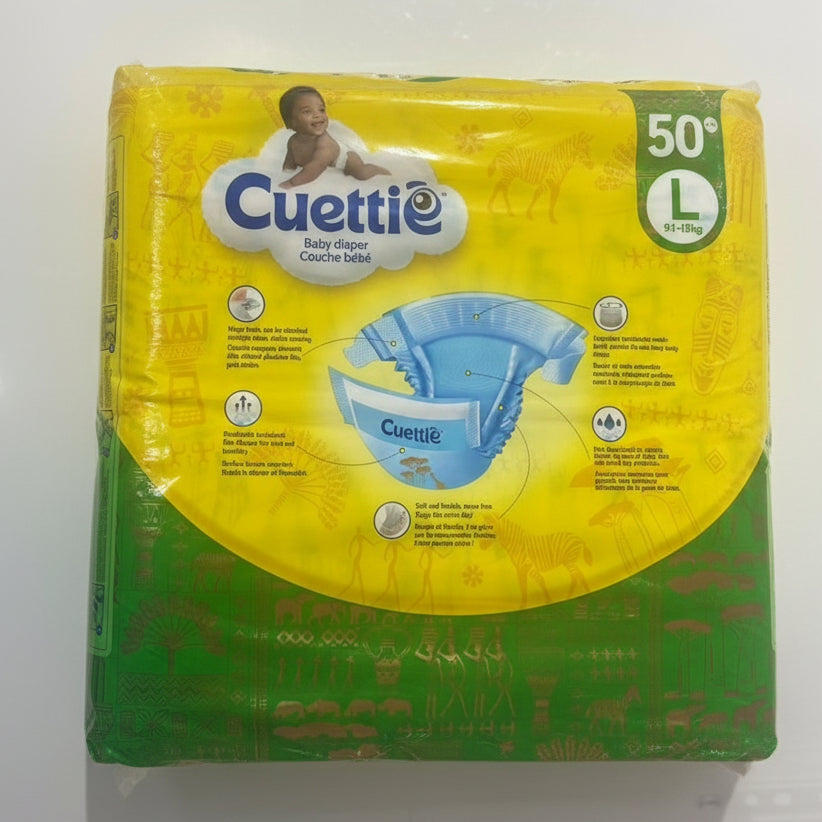 Beks Ghana Cuettie large size disposable baby diapers in a 50-count jumbo pack with yellow and green packaging.