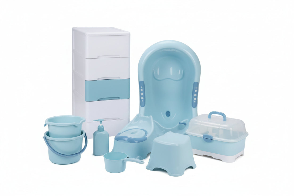 8 in 1 Bath set ( Wardrobe, feeding bottle storage, bucket, basin, chamber pot & etc)