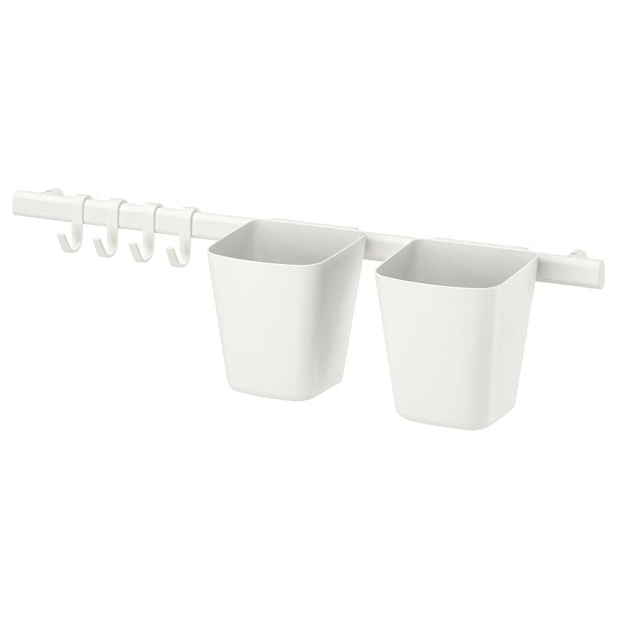 SUNNERSTA Rail with 4 hooks and 2 containers, white by Ikea